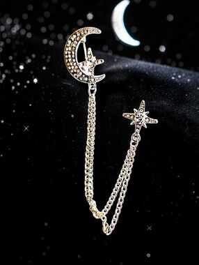 Silver Moon & Star Chain Brooch - Silver